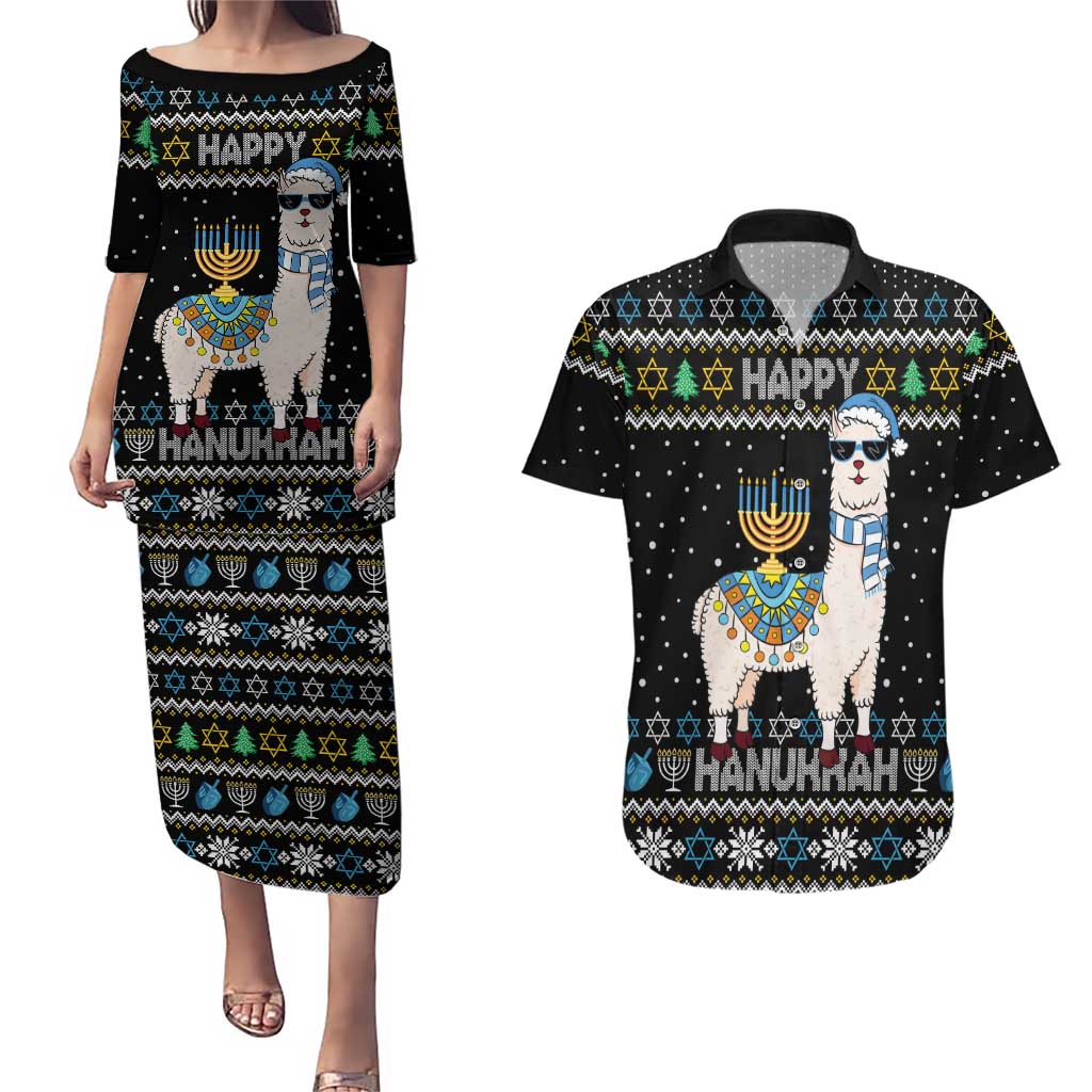 Happy Hanukkah Llama Couples Matching Puletasi and Hawaiian Shirt Funny Menorah for Jewish Holiday - Wonder Print Shop
