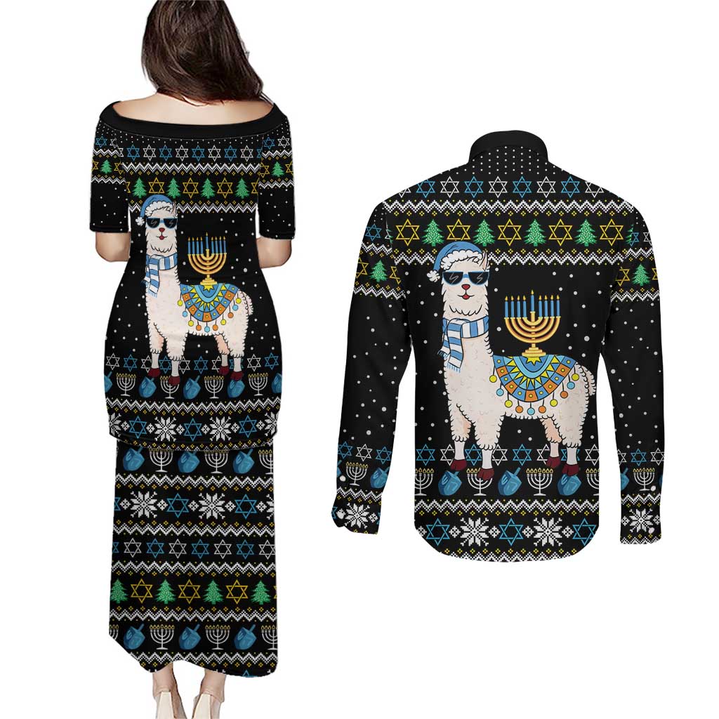 Happy Hanukkah Llama Couples Matching Puletasi and Long Sleeve Button Shirt Funny Menorah for Jewish Holiday - Wonder Print Shop