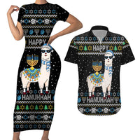 Happy Hanukkah Llama Couples Matching Short Sleeve Bodycon Dress and Hawaiian Shirt Funny Menorah for Jewish Holiday - Wonder Print Shop