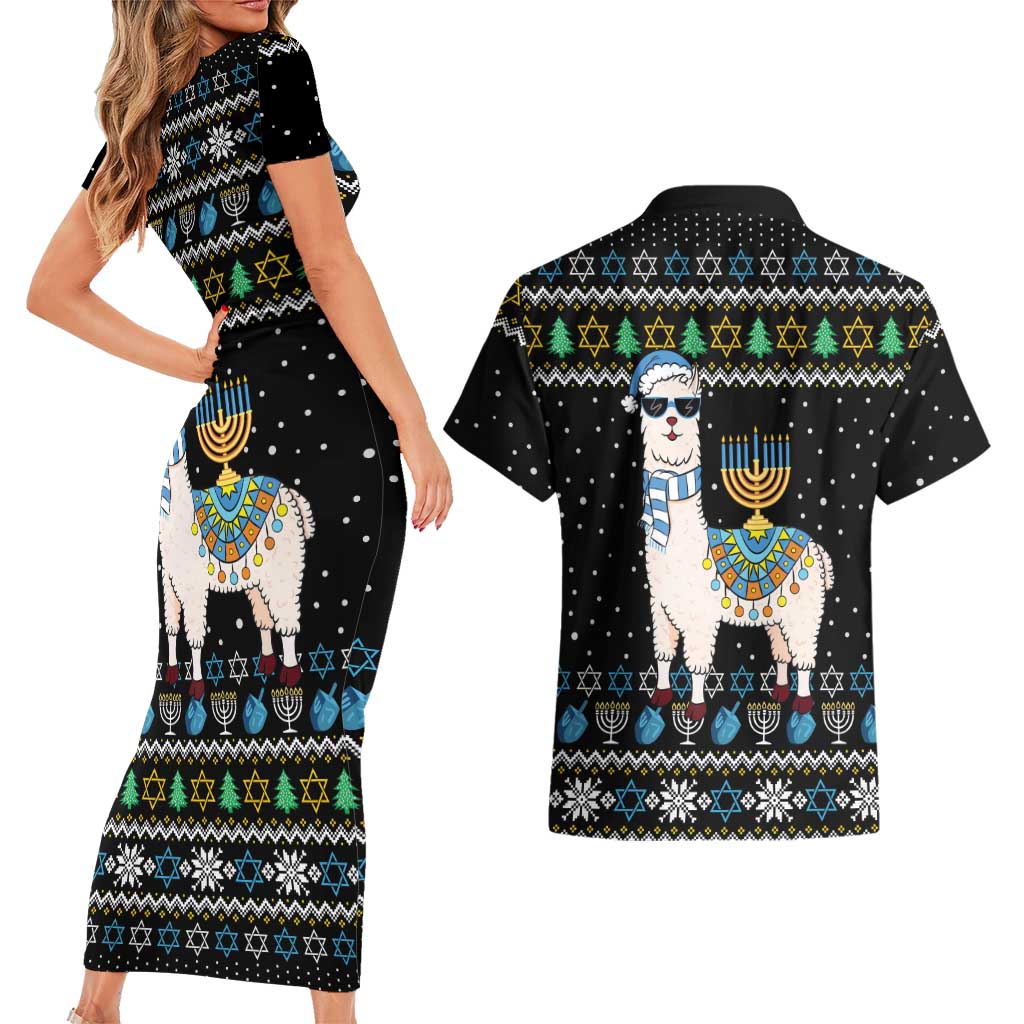 Happy Hanukkah Llama Couples Matching Short Sleeve Bodycon Dress and Hawaiian Shirt Funny Menorah for Jewish Holiday - Wonder Print Shop