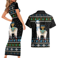 Happy Hanukkah Llama Couples Matching Short Sleeve Bodycon Dress and Hawaiian Shirt Funny Menorah for Jewish Holiday - Wonder Print Shop