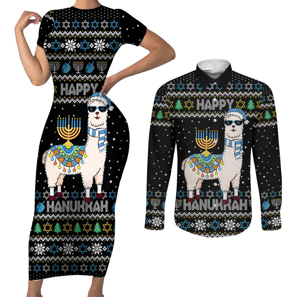Happy Hanukkah Llama Couples Matching Short Sleeve Bodycon Dress and Long Sleeve Button Shirt Funny Menorah for Jewish Holiday - Wonder Print Shop