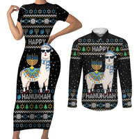 Happy Hanukkah Llama Couples Matching Short Sleeve Bodycon Dress and Long Sleeve Button Shirt Funny Menorah for Jewish Holiday - Wonder Print Shop
