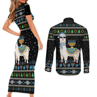Happy Hanukkah Llama Couples Matching Short Sleeve Bodycon Dress and Long Sleeve Button Shirt Funny Menorah for Jewish Holiday - Wonder Print Shop
