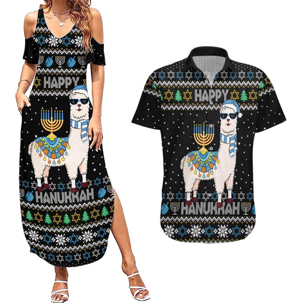 Happy Hanukkah Llama Couples Matching Summer Maxi Dress and Hawaiian Shirt Funny Menorah for Jewish Holiday - Wonder Print Shop