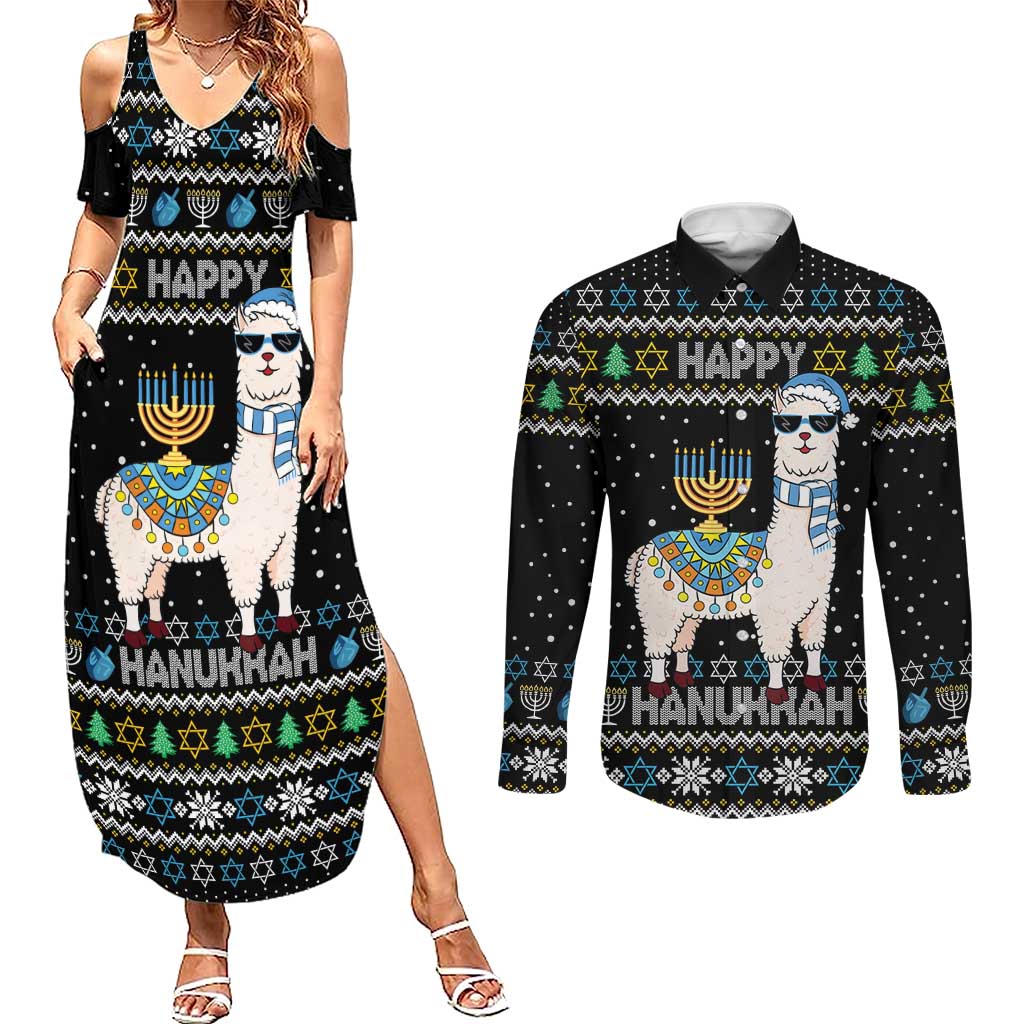 Happy Hanukkah Llama Couples Matching Summer Maxi Dress and Long Sleeve Button Shirt Funny Menorah for Jewish Holiday - Wonder Print Shop