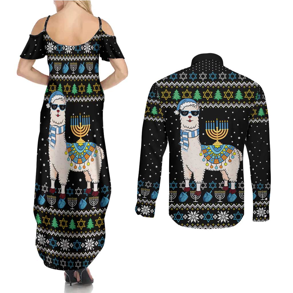 Happy Hanukkah Llama Couples Matching Summer Maxi Dress and Long Sleeve Button Shirt Funny Menorah for Jewish Holiday - Wonder Print Shop