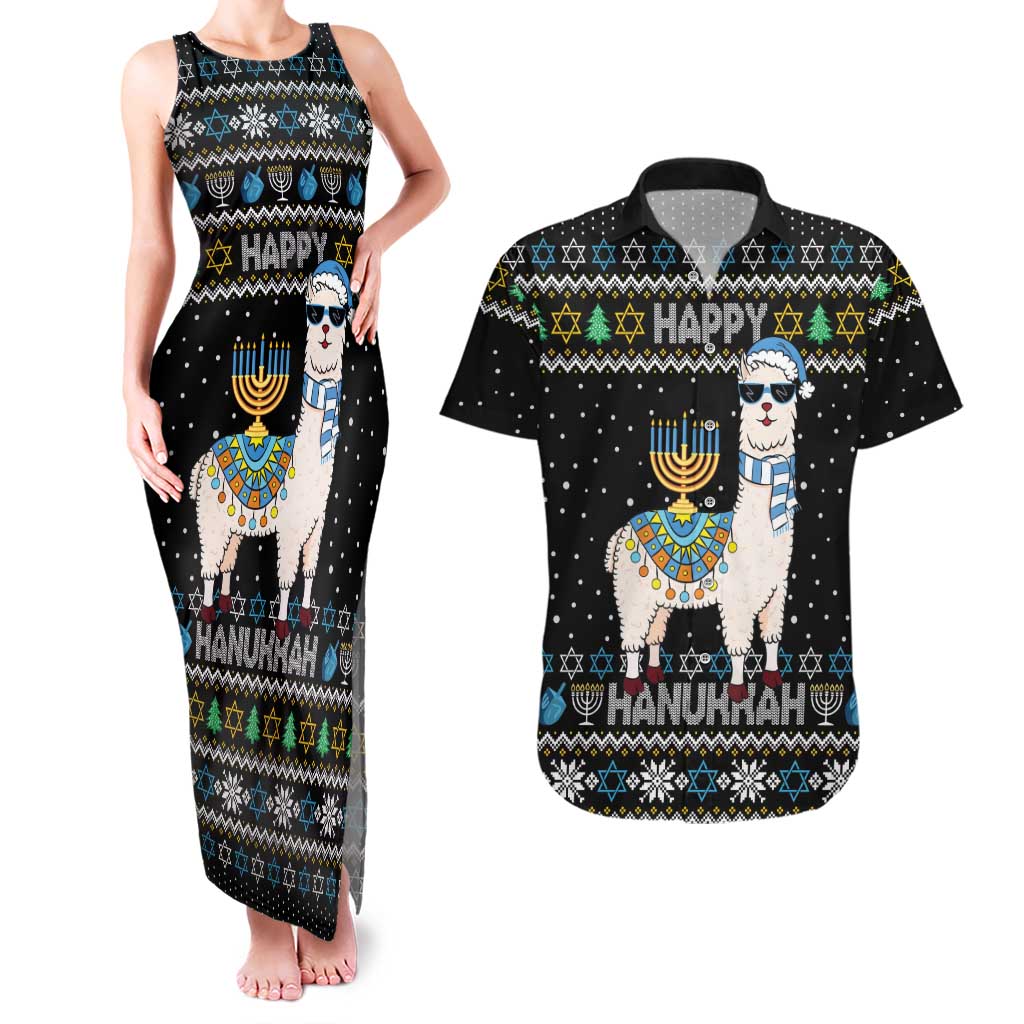 Happy Hanukkah Llama Couples Matching Tank Maxi Dress and Hawaiian Shirt Funny Menorah for Jewish Holiday - Wonder Print Shop