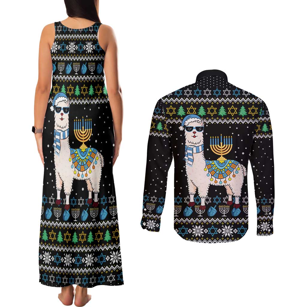 Happy Hanukkah Llama Couples Matching Tank Maxi Dress and Long Sleeve Button Shirt Funny Menorah for Jewish Holiday - Wonder Print Shop