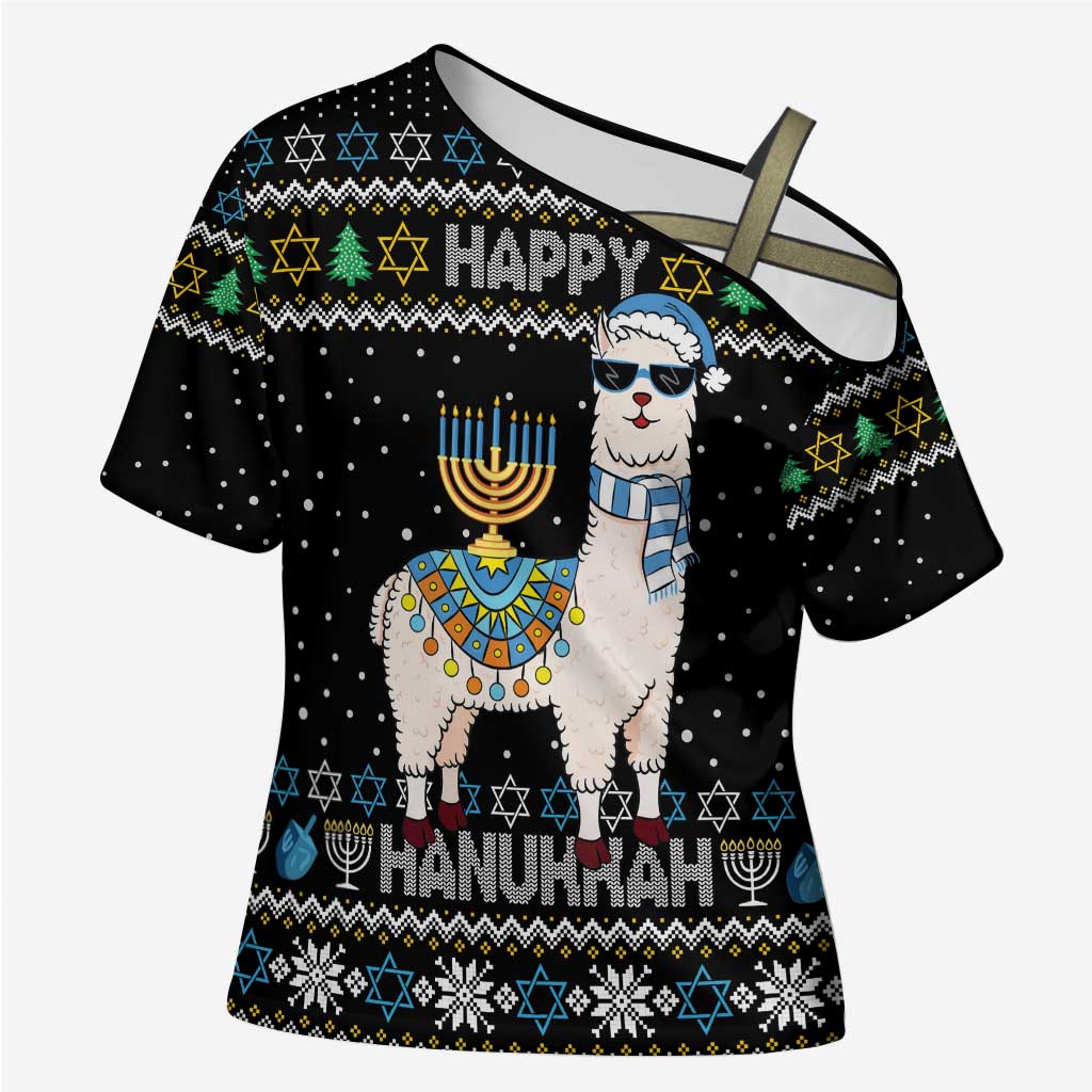 Happy Hanukkah Llama Cross Shoulder Shirt Funny Menorah for Jewish Holiday - Wonder Print Shop