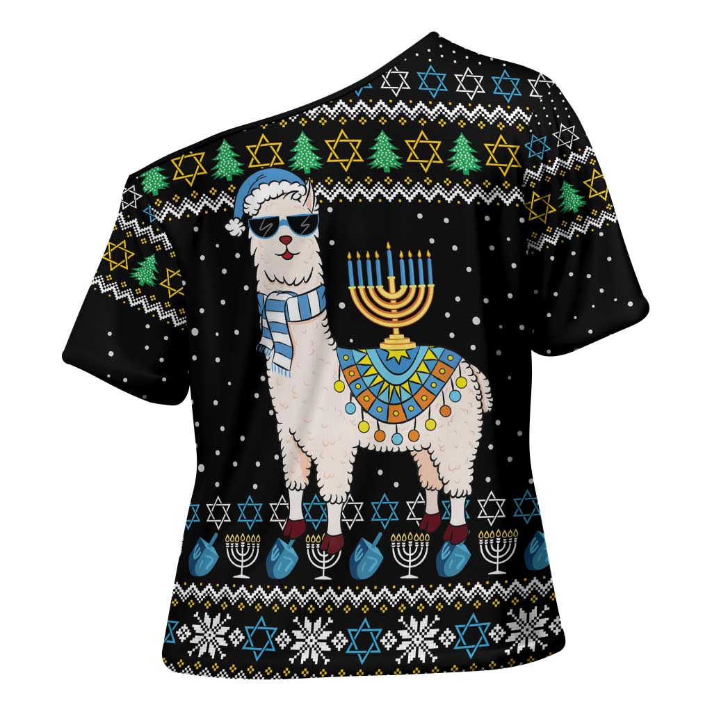 Happy Hanukkah Llama Cross Shoulder Shirt Funny Menorah for Jewish Holiday - Wonder Print Shop