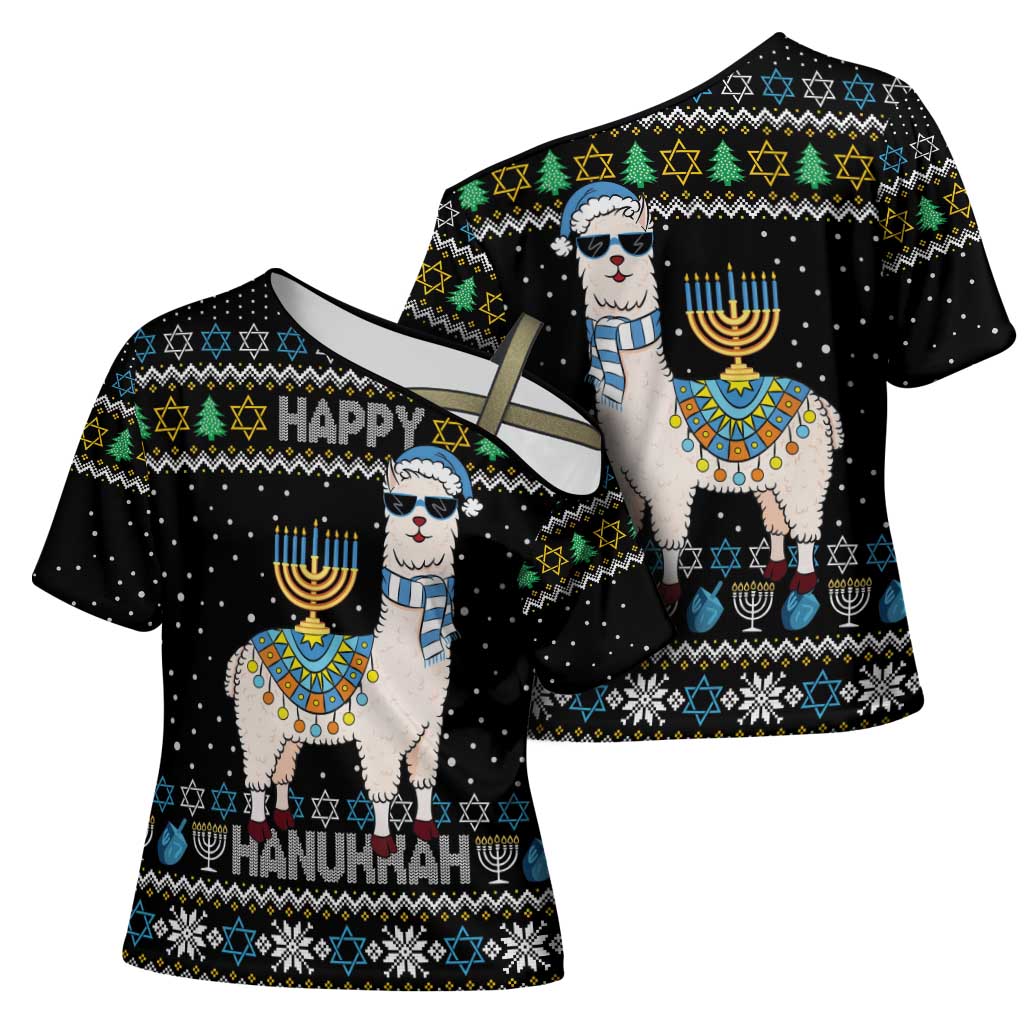 Happy Hanukkah Llama Cross Shoulder Shirt Funny Menorah for Jewish Holiday - Wonder Print Shop