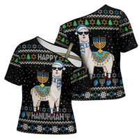 Happy Hanukkah Llama Cross Shoulder Shirt Funny Menorah for Jewish Holiday - Wonder Print Shop