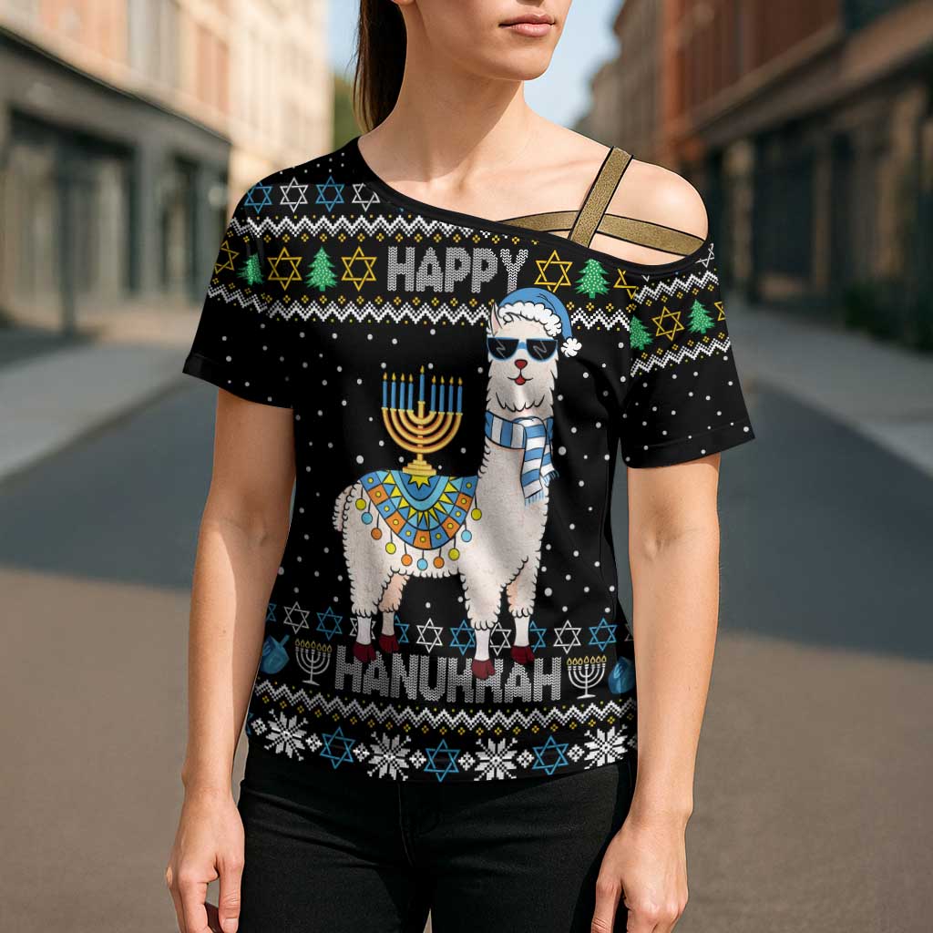 Happy Hanukkah Llama Cross Shoulder Shirt Funny Menorah for Jewish Holiday - Wonder Print Shop