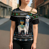 Happy Hanukkah Llama Cross Shoulder Shirt Funny Menorah for Jewish Holiday - Wonder Print Shop