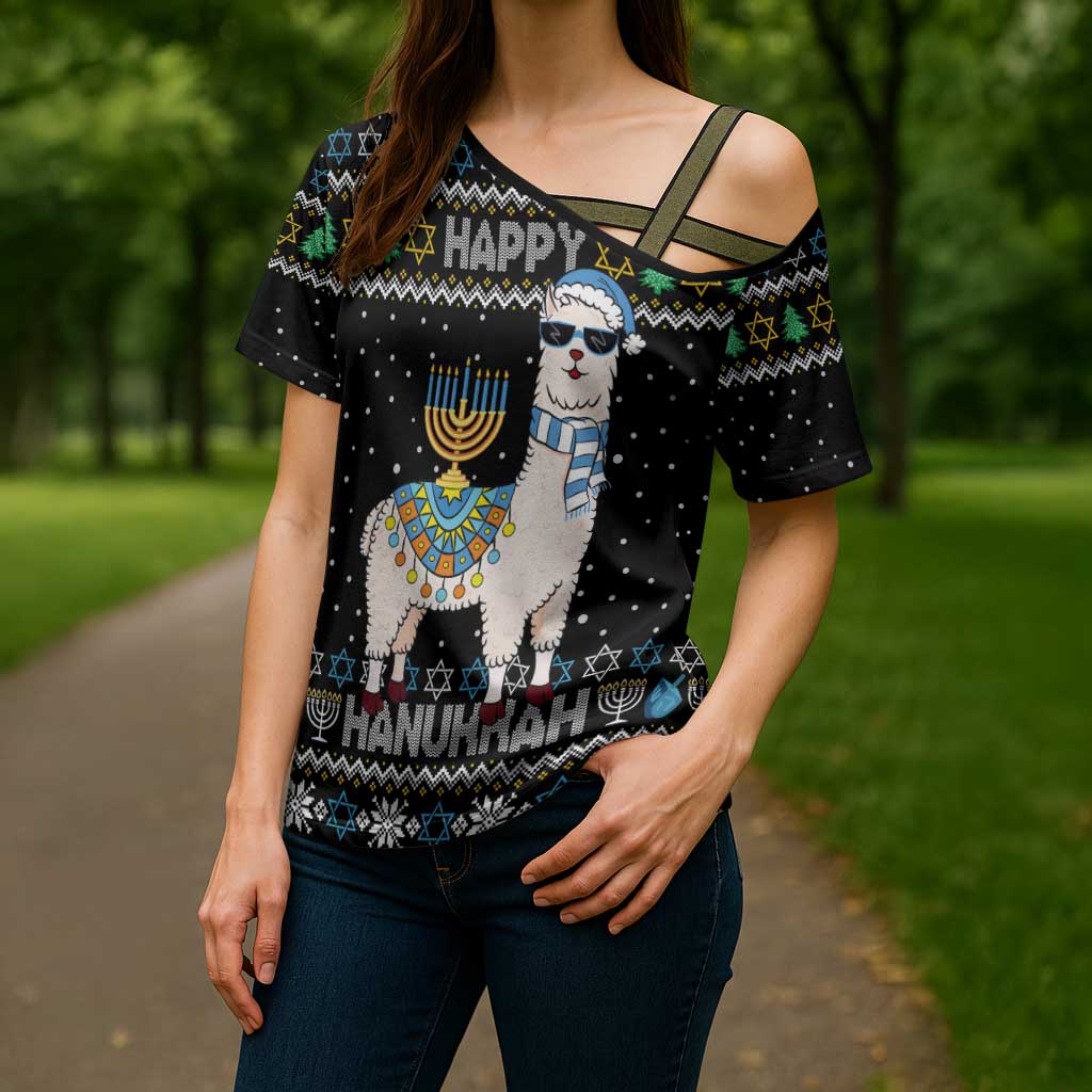 Happy Hanukkah Llama Cross Shoulder Shirt Funny Menorah for Jewish Holiday - Wonder Print Shop