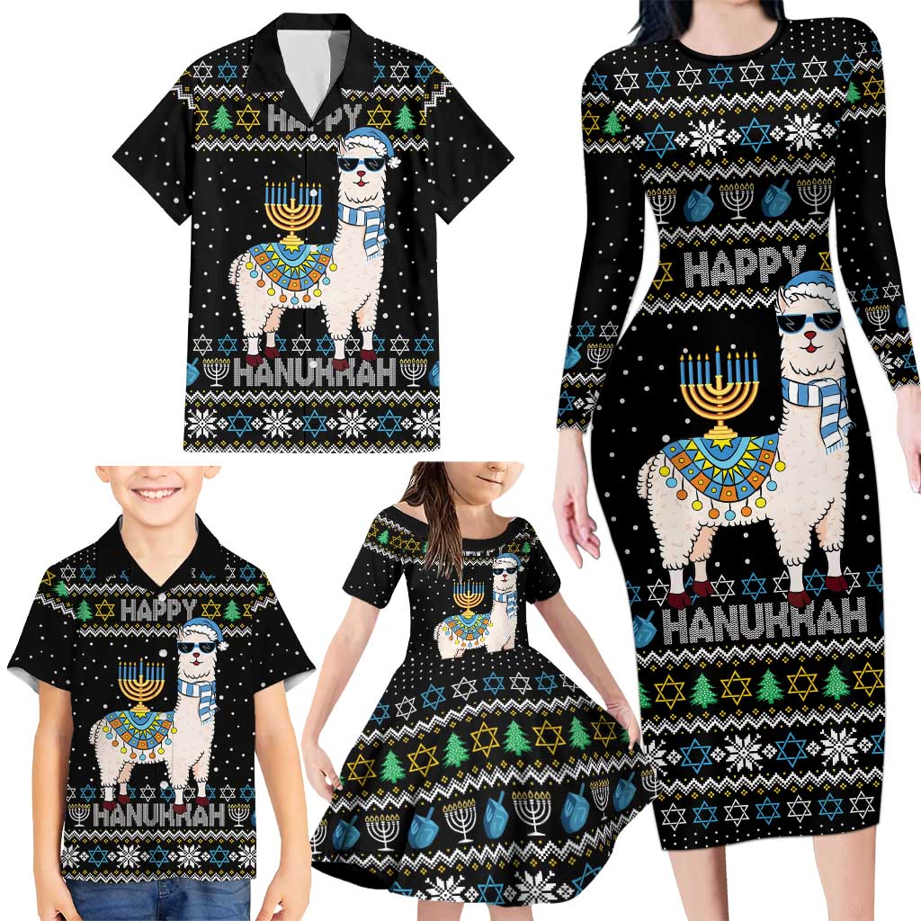 Happy Hanukkah Llama Family Matching Long Sleeve Bodycon Dress and Hawaiian Shirt Funny Menorah for Jewish Holiday - Wonder Print Shop