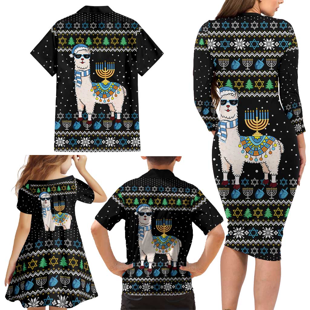 Happy Hanukkah Llama Family Matching Long Sleeve Bodycon Dress and Hawaiian Shirt Funny Menorah for Jewish Holiday - Wonder Print Shop