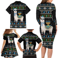 Happy Hanukkah Llama Family Matching Long Sleeve Bodycon Dress and Hawaiian Shirt Funny Menorah for Jewish Holiday - Wonder Print Shop