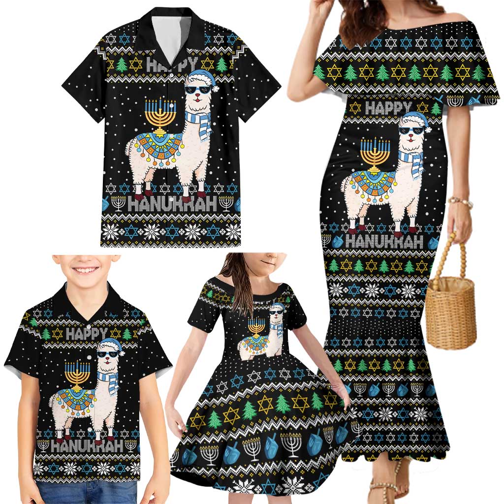 Happy Hanukkah Llama Family Matching Mermaid Dress and Hawaiian Shirt Funny Menorah for Jewish Holiday - Wonder Print Shop
