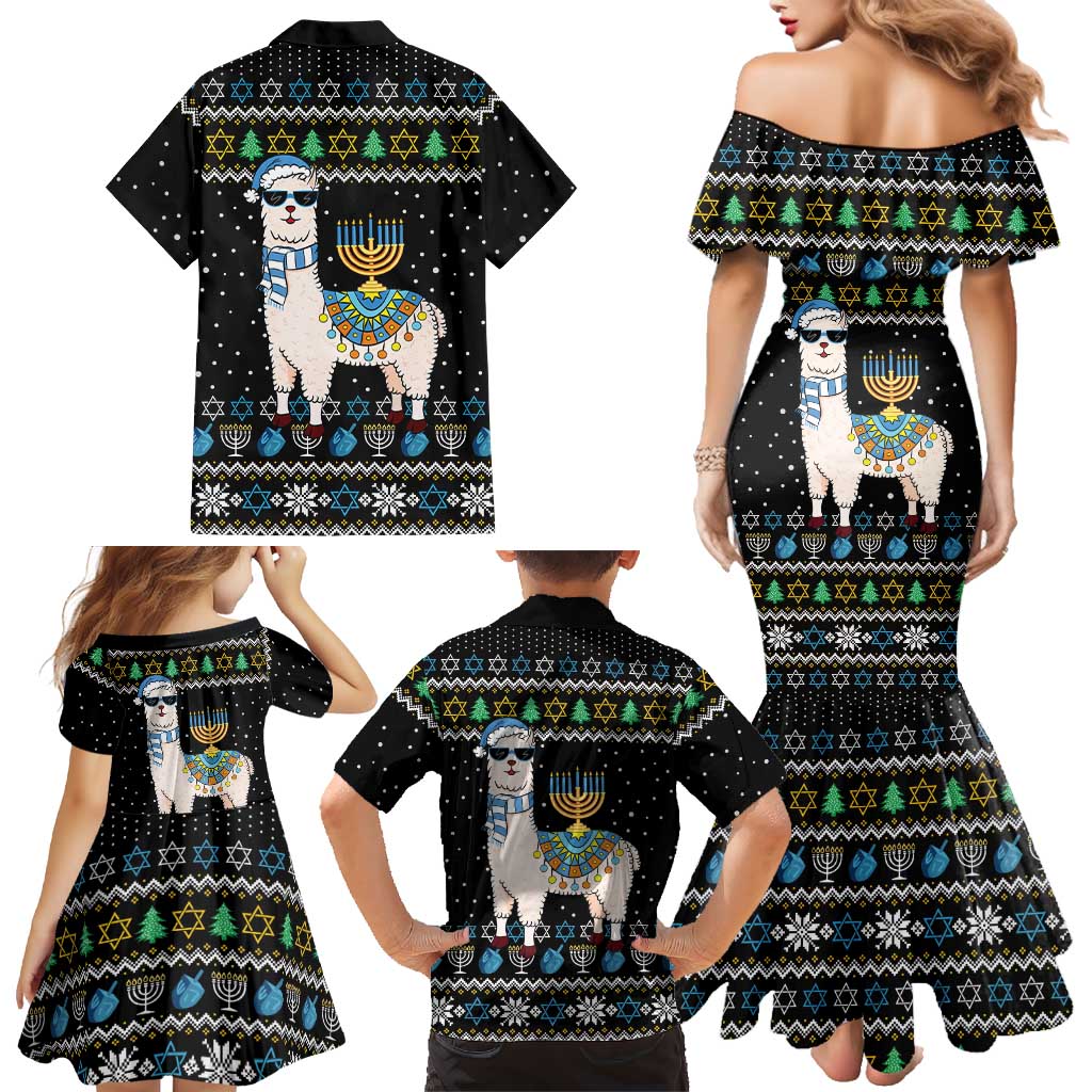 Happy Hanukkah Llama Family Matching Mermaid Dress and Hawaiian Shirt Funny Menorah for Jewish Holiday - Wonder Print Shop