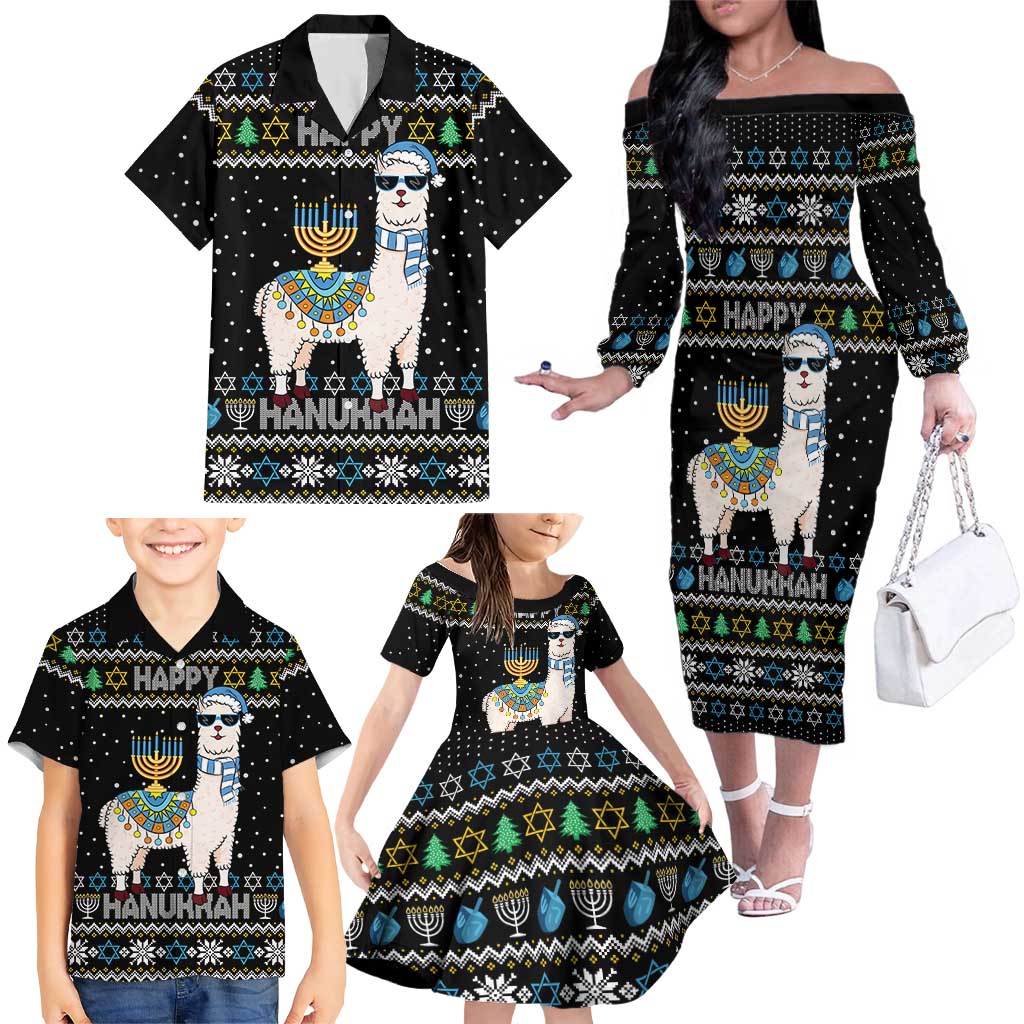 Happy Hanukkah Llama Family Matching Off The Shoulder Long Sleeve Dress and Hawaiian Shirt Funny Menorah for Jewish Holiday - Wonder Print Shop