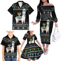 Happy Hanukkah Llama Family Matching Off The Shoulder Long Sleeve Dress and Hawaiian Shirt Funny Menorah for Jewish Holiday - Wonder Print Shop