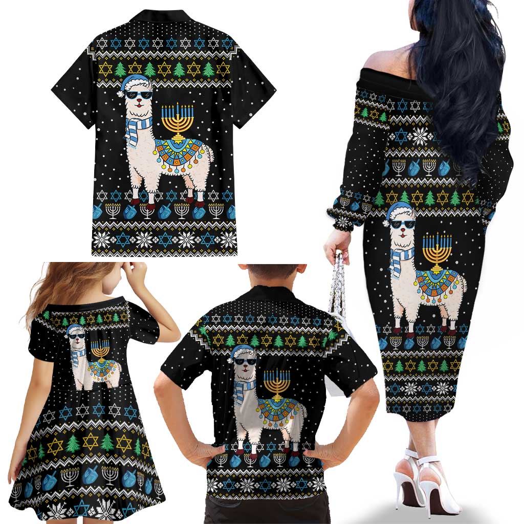 Happy Hanukkah Llama Family Matching Off The Shoulder Long Sleeve Dress and Hawaiian Shirt Funny Menorah for Jewish Holiday - Wonder Print Shop