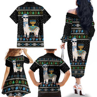 Happy Hanukkah Llama Family Matching Off The Shoulder Long Sleeve Dress and Hawaiian Shirt Funny Menorah for Jewish Holiday - Wonder Print Shop