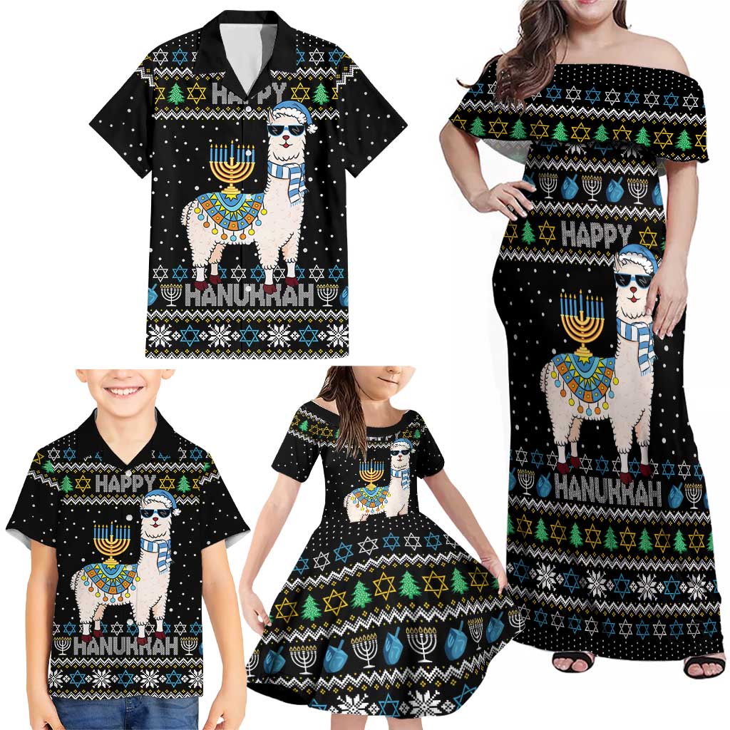 Happy Hanukkah Llama Family Matching Off Shoulder Maxi Dress and Hawaiian Shirt Funny Menorah for Jewish Holiday - Wonder Print Shop