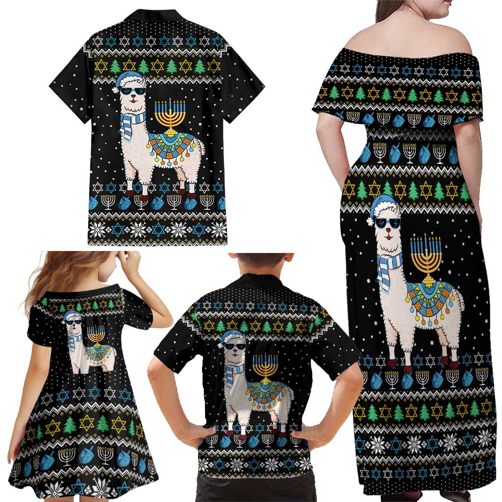 Happy Hanukkah Llama Family Matching Off Shoulder Maxi Dress and Hawaiian Shirt Funny Menorah for Jewish Holiday - Wonder Print Shop