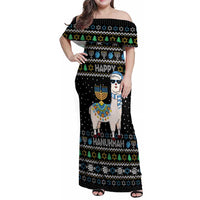 Happy Hanukkah Llama Family Matching Off Shoulder Maxi Dress and Hawaiian Shirt Funny Menorah for Jewish Holiday - Wonder Print Shop