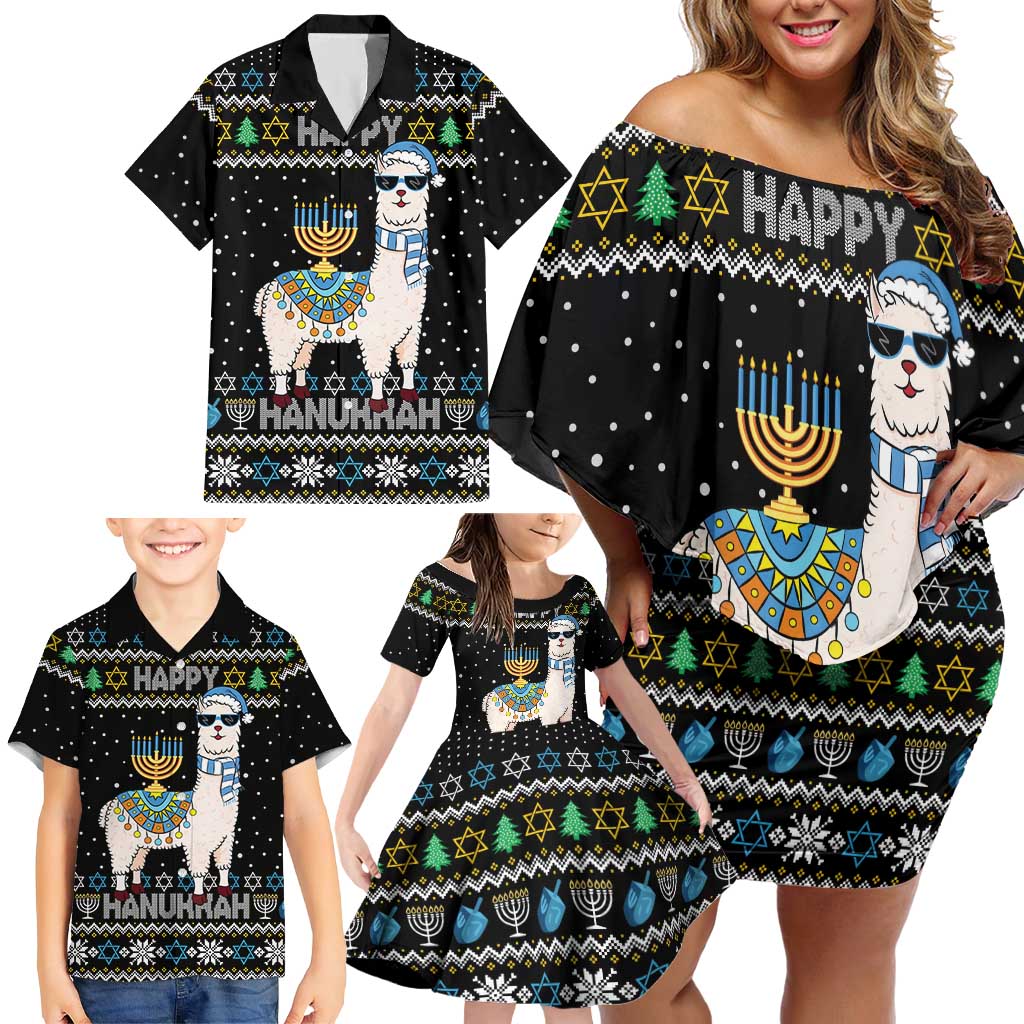 Happy Hanukkah Llama Family Matching Off Shoulder Short Dress and Hawaiian Shirt Funny Menorah for Jewish Holiday - Wonder Print Shop
