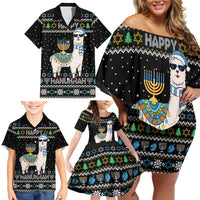 Happy Hanukkah Llama Family Matching Off Shoulder Short Dress and Hawaiian Shirt Funny Menorah for Jewish Holiday - Wonder Print Shop