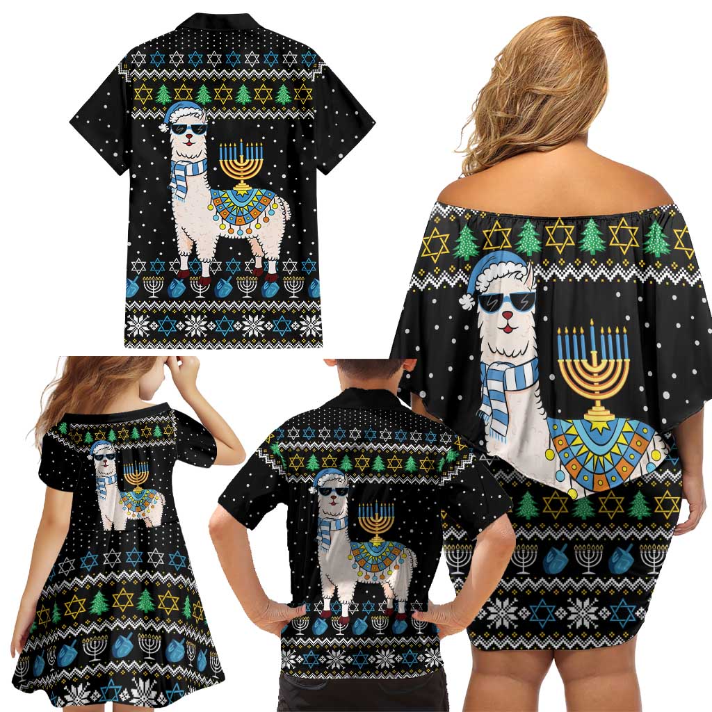 Happy Hanukkah Llama Family Matching Off Shoulder Short Dress and Hawaiian Shirt Funny Menorah for Jewish Holiday - Wonder Print Shop
