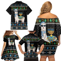 Happy Hanukkah Llama Family Matching Off Shoulder Short Dress and Hawaiian Shirt Funny Menorah for Jewish Holiday - Wonder Print Shop