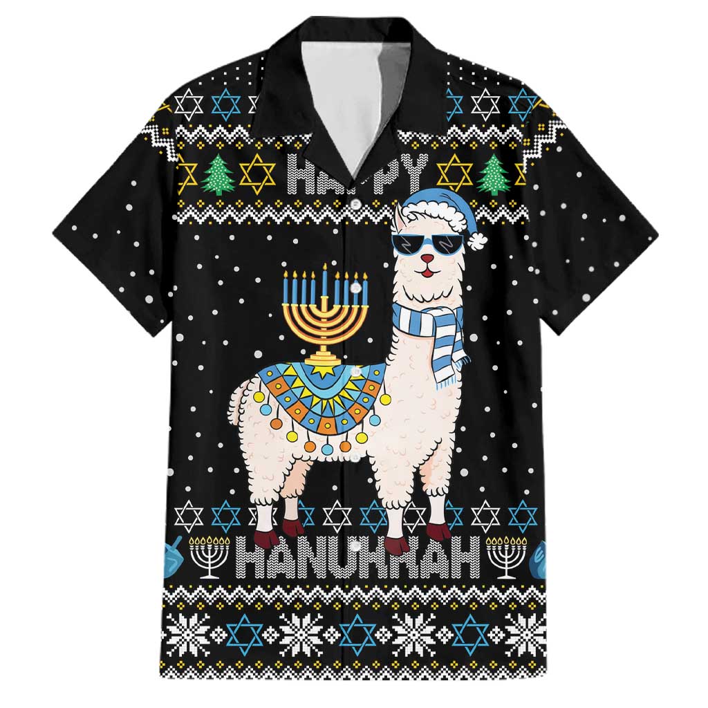 Happy Hanukkah Llama Family Matching Off Shoulder Short Dress and Hawaiian Shirt Funny Menorah for Jewish Holiday - Wonder Print Shop