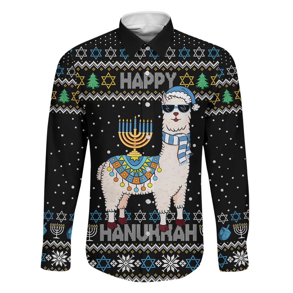 Happy Hanukkah Llama Family Matching Off Shoulder Short Dress and Hawaiian Shirt Funny Menorah for Jewish Holiday - Wonder Print Shop