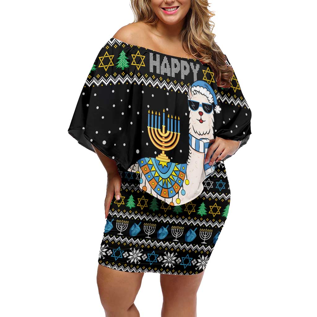Happy Hanukkah Llama Family Matching Off Shoulder Short Dress and Hawaiian Shirt Funny Menorah for Jewish Holiday - Wonder Print Shop