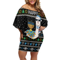 Happy Hanukkah Llama Family Matching Off Shoulder Short Dress and Hawaiian Shirt Funny Menorah for Jewish Holiday - Wonder Print Shop