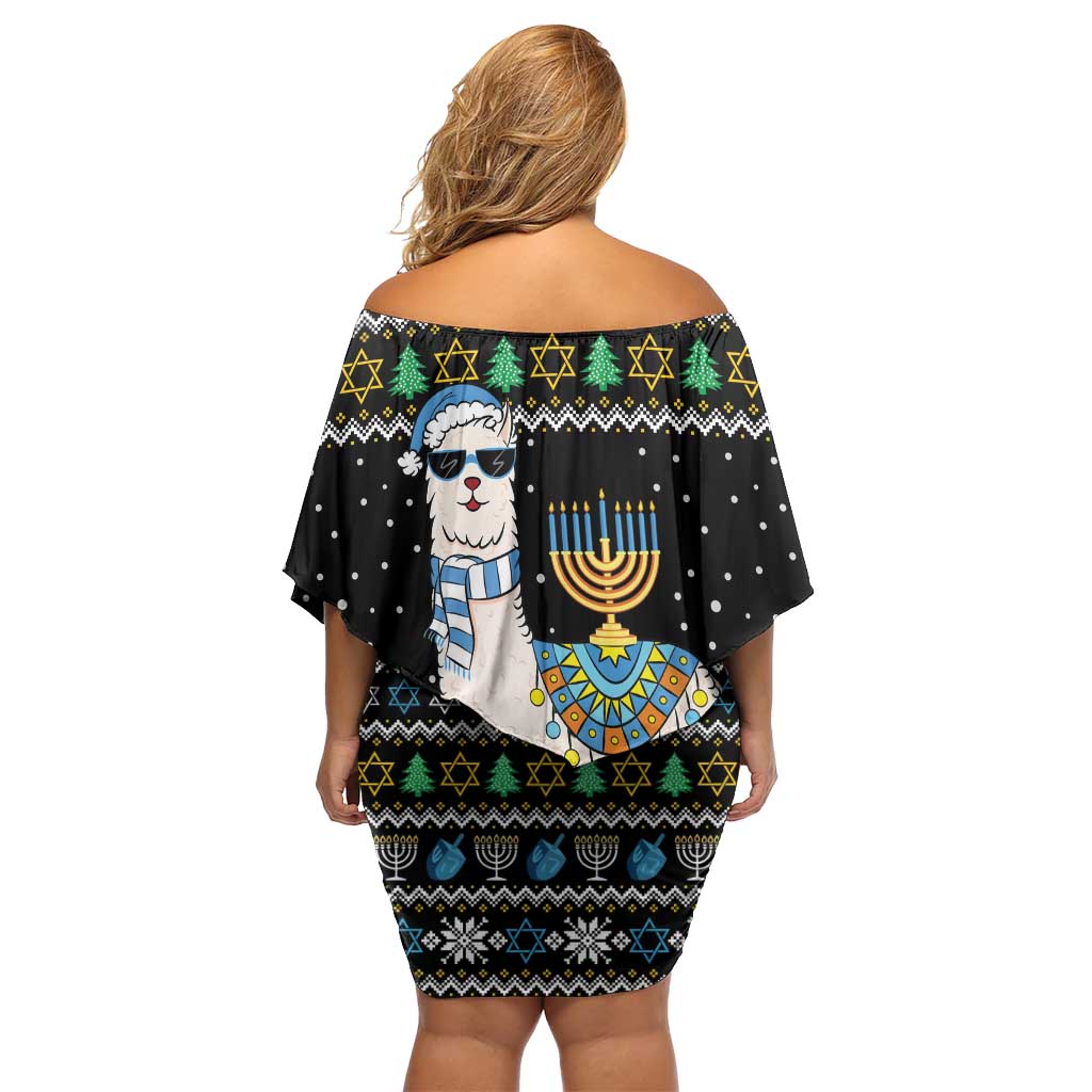 Happy Hanukkah Llama Family Matching Off Shoulder Short Dress and Hawaiian Shirt Funny Menorah for Jewish Holiday - Wonder Print Shop