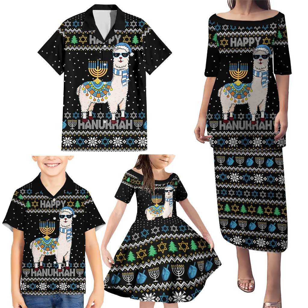 Happy Hanukkah Llama Family Matching Puletasi and Hawaiian Shirt Funny Menorah for Jewish Holiday - Wonder Print Shop