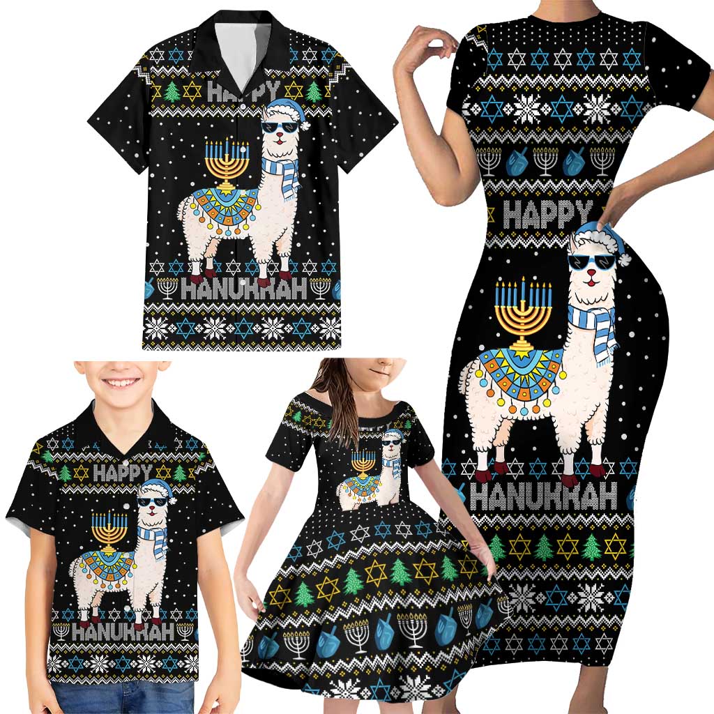 Happy Hanukkah Llama Family Matching Short Sleeve Bodycon Dress and Hawaiian Shirt Funny Menorah for Jewish Holiday - Wonder Print Shop