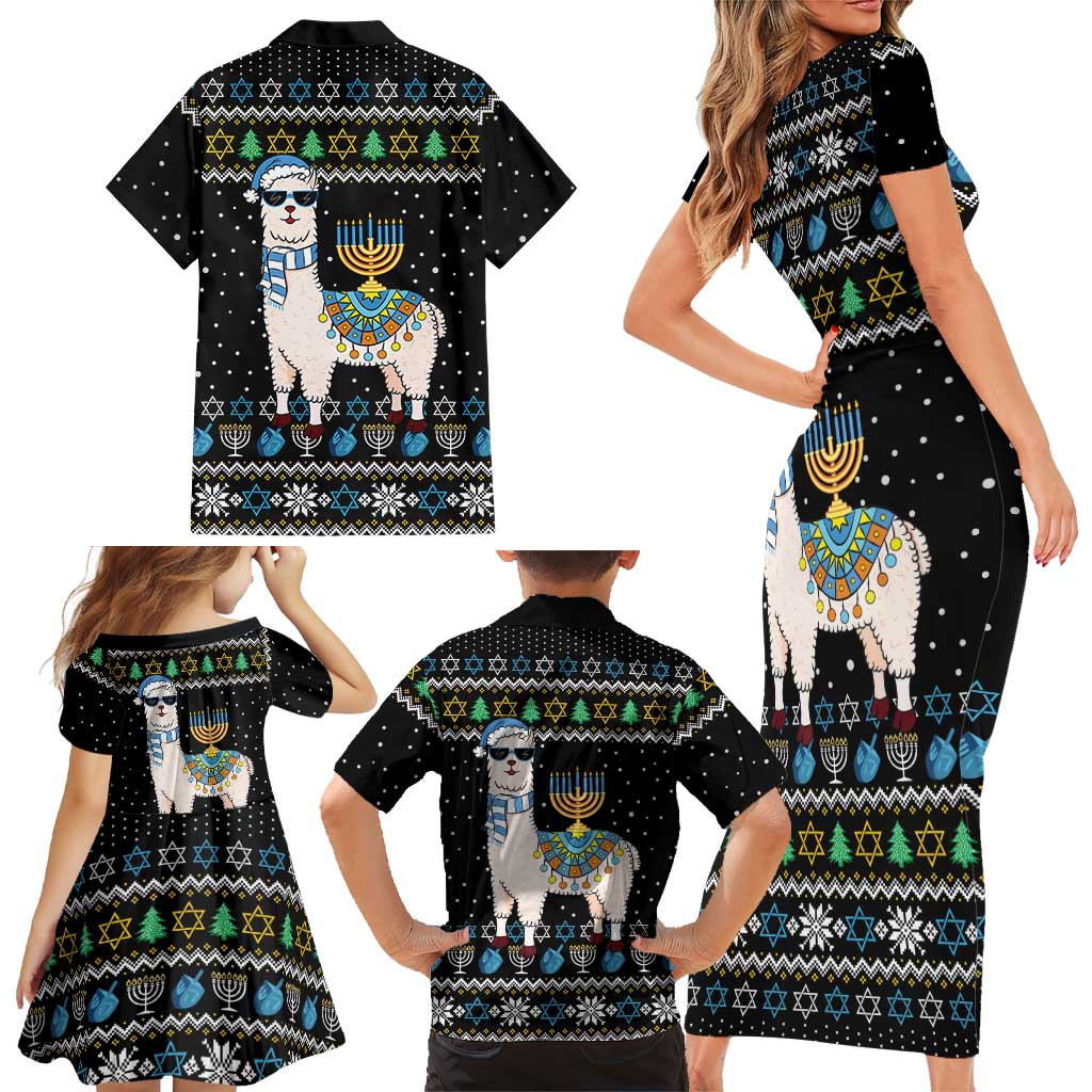 Happy Hanukkah Llama Family Matching Short Sleeve Bodycon Dress and Hawaiian Shirt Funny Menorah for Jewish Holiday - Wonder Print Shop
