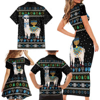Happy Hanukkah Llama Family Matching Short Sleeve Bodycon Dress and Hawaiian Shirt Funny Menorah for Jewish Holiday - Wonder Print Shop