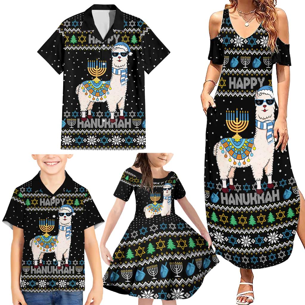 Happy Hanukkah Llama Family Matching Summer Maxi Dress and Hawaiian Shirt Funny Menorah for Jewish Holiday - Wonder Print Shop