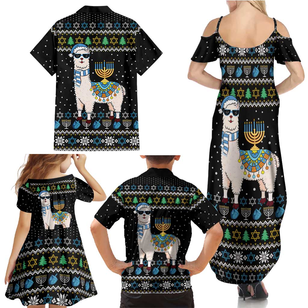 Happy Hanukkah Llama Family Matching Summer Maxi Dress and Hawaiian Shirt Funny Menorah for Jewish Holiday - Wonder Print Shop