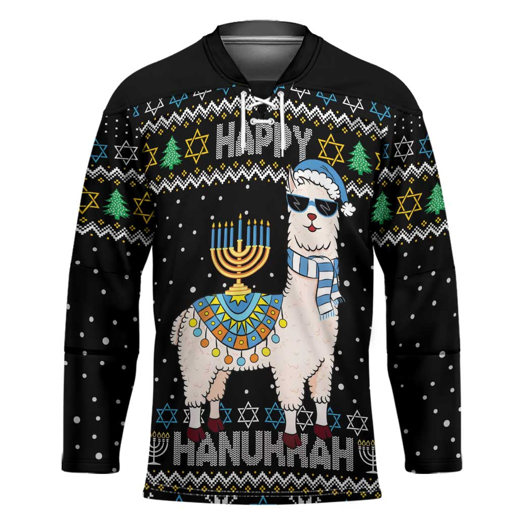 Happy Hanukkah Llama Hockey Jersey Funny Menorah for Jewish Holiday - Wonder Print Shop