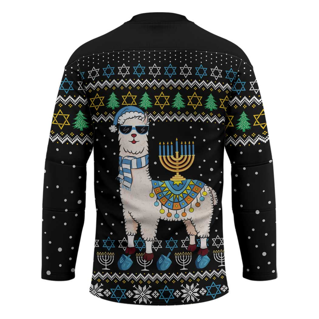 Happy Hanukkah Llama Hockey Jersey Funny Menorah for Jewish Holiday - Wonder Print Shop