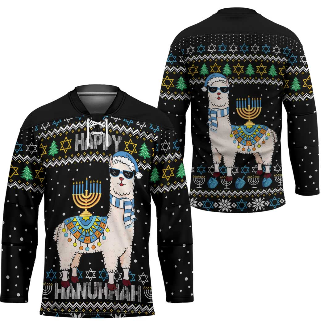 Happy Hanukkah Llama Hockey Jersey Funny Menorah for Jewish Holiday - Wonder Print Shop